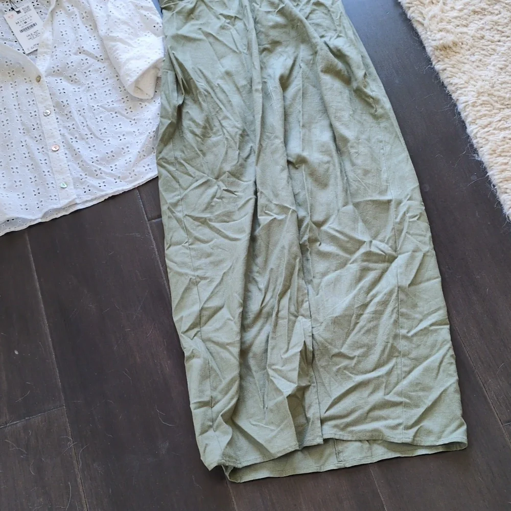 Zara Olive Green Linen Dress And Eyelet Top - Picture 5 of 6
